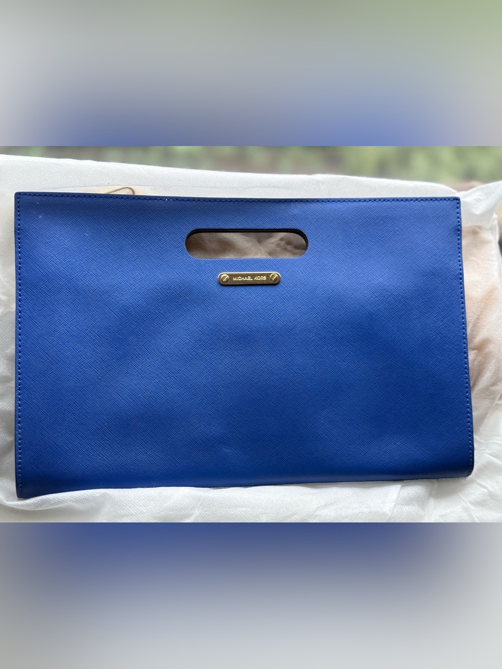 Michael Kors Cobalt Blue Saffiano Leather Cutout-Handle Clutch